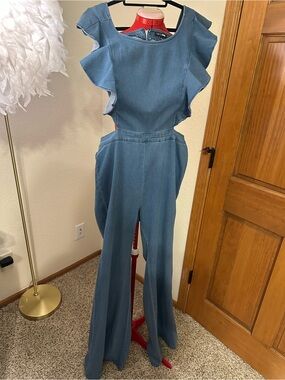 Fashion Nova Denim Ruffle-Sleeve Cutout Jumpsuit - Blue